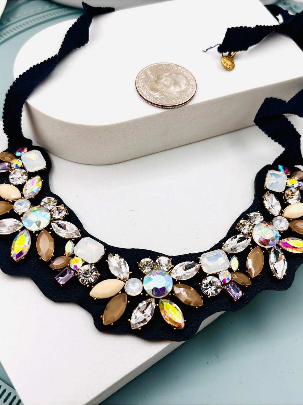 J.Crew Vintage Black Ribbon Gold Crystal Tie Necklace